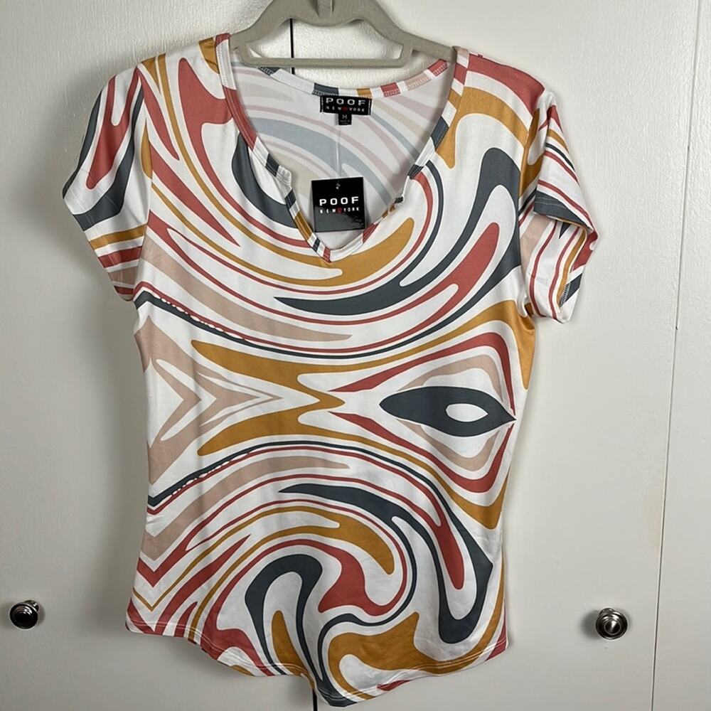 Poof Women's T-shirt Top Large White Gold Rose Swirls Short Sleeve V Neck
